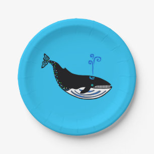 Wildlife- Blue WHALE - Marine - Ocean blue party Paper Plate