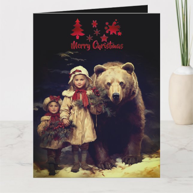 Wildlife Children Bear Christmas Vintage Holiday  Card (Front)