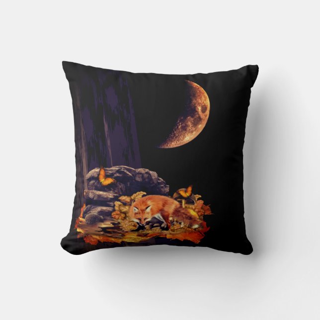 Wildlife collage with fox, hedgehog and amber moon throw pillow (Front)