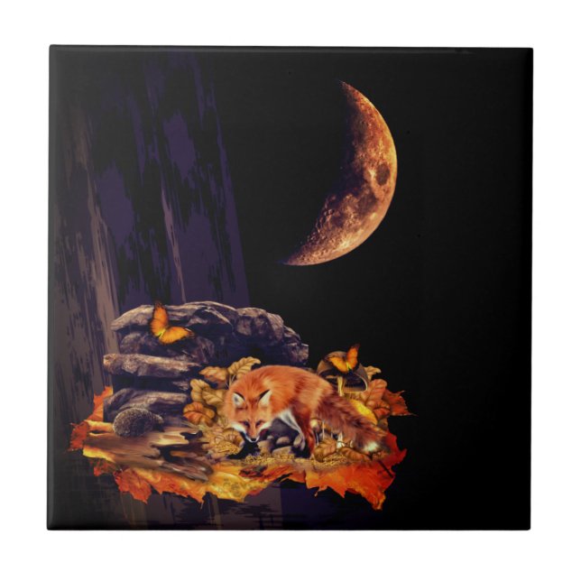 Wildlife collage with fox, hedgehog and amber moon tile (Front)