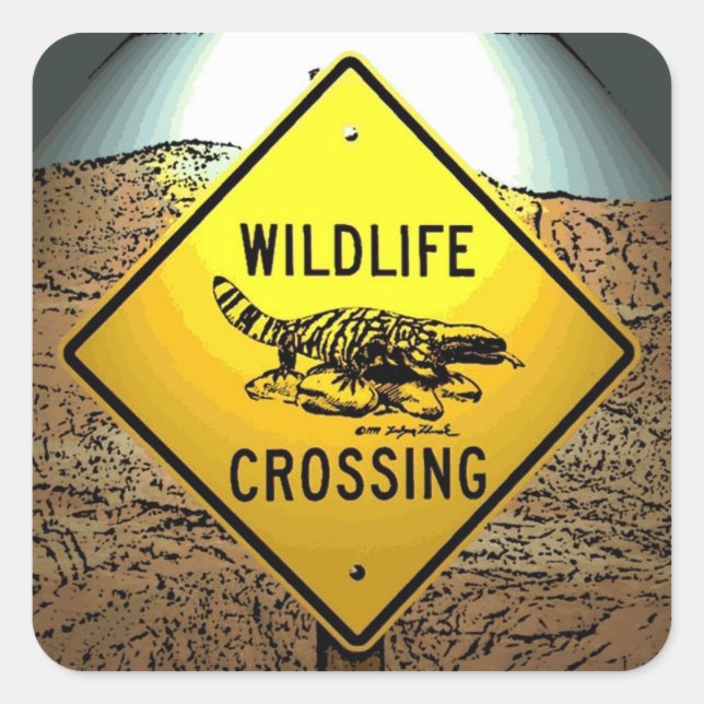 Wildlife crossing caution artistic road sign square sticker (Front)