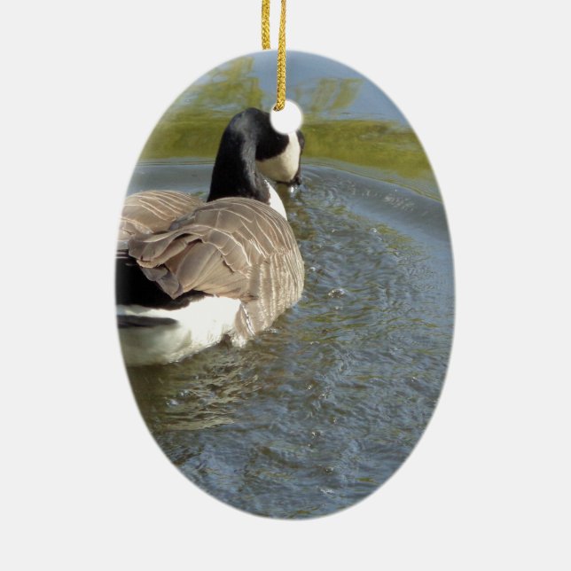 Wildlife Goose swimming in Lake, Water Circle Ceramic Ornament (Back)
