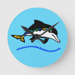 Wildlife - Graphic DOLPHIN - Nature - Ocean Blue Round Clock