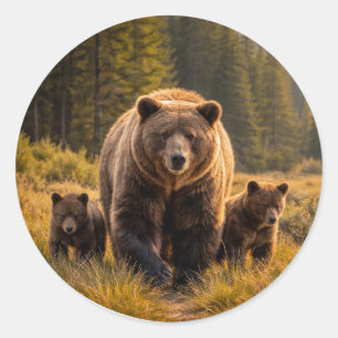 Wildlife Grizzly Bear With Cubs Classic Round Sticker