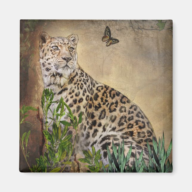 Wildlife Leopard Photograph Butterfly Warm tones Magnet (Front)