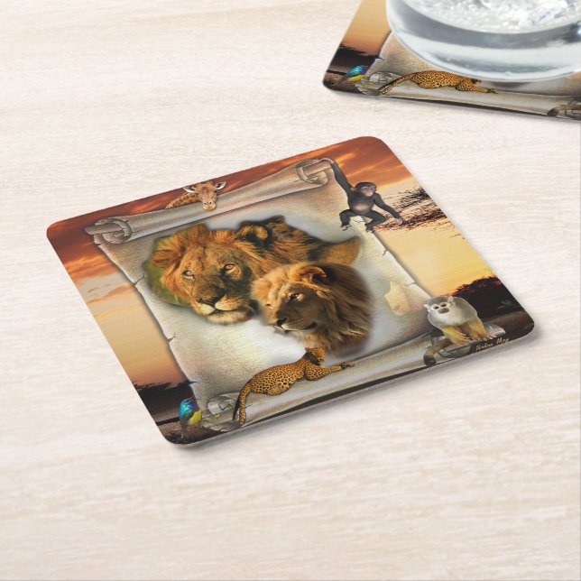 Wildlife Lion from Africa Square Paper Coaster (Angled)
