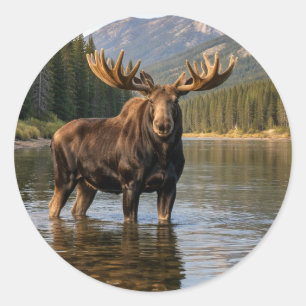 Wildlife Moose Mountain River Classic Round Sticker