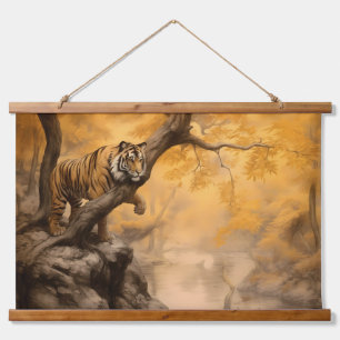 Wildlife Ochre Oil Painting – Tiger Waiting Hanging Tapestry