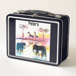 Wildlife Painting Elephants Giraffe Personalized Metal Lunch Box