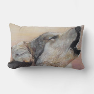 wildlife painting of howling grey wolf lumbar pillow