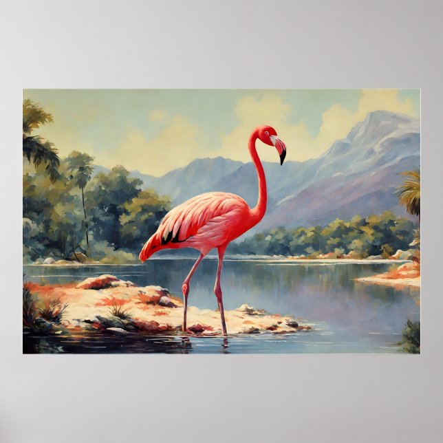 Wildlife Pink Flamingo River Mountain Vintage Poster (Front)