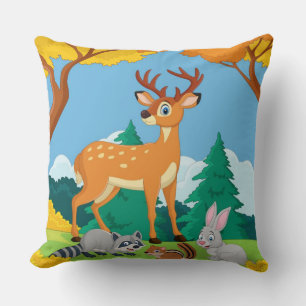 Wildlife Raccoon Chipmunk Rabbit Deer Fall Landsca Throw Pillow
