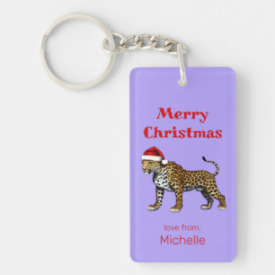 Wildlife Safari Animal Leopard Santa Hat Christmas Keychain