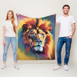 Wildlife Safari Decor, African Lion Art Rainbow Fleece Blanket