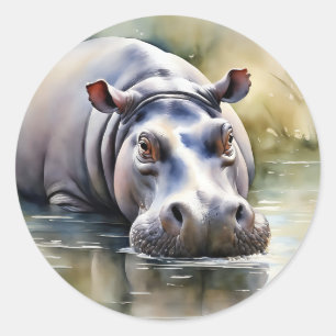 Wildlife Serenity Watercolor Hippo Classic Round Sticker