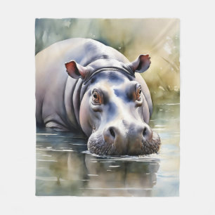 Wildlife Serenity Watercolor Hippo Fleece Blanket