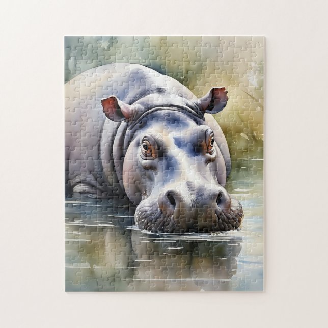 Wildlife Serenity Watercolor Hippo Jigsaw Puzzle (Vertical)