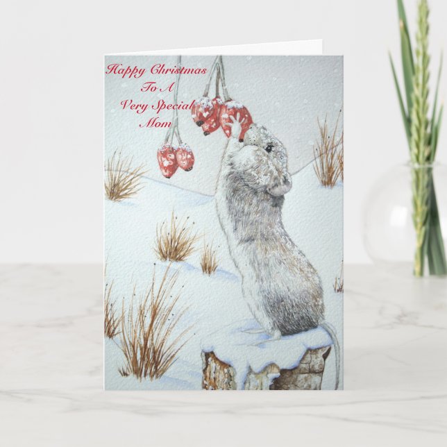 wildlife snow scene cute wild wood mouse mum verse holiday card (Front)