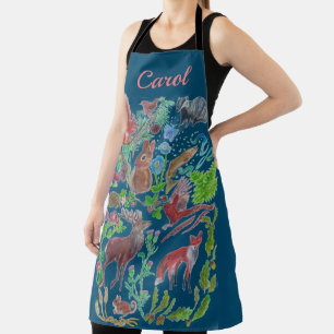 wildlife stag, fox, pheasant, blue personalised apron