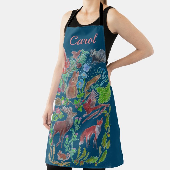 wildlife stag, fox, pheasant, blue personalized apron (Insitu)