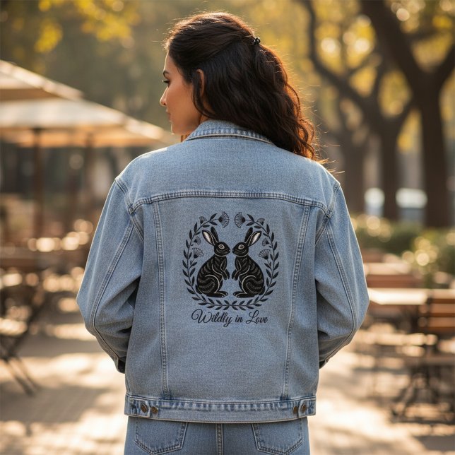 Wildly in Love | Linocut Rabbits Romantic Denim Jacket (Creator Uploaded)