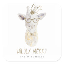 Wildly Merry Giraffe Holiday Gift Tag Sticker