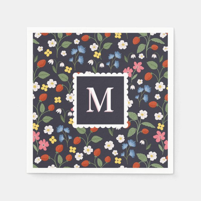 wildstrawberry patterned monogrammed  navy napkin (Front)