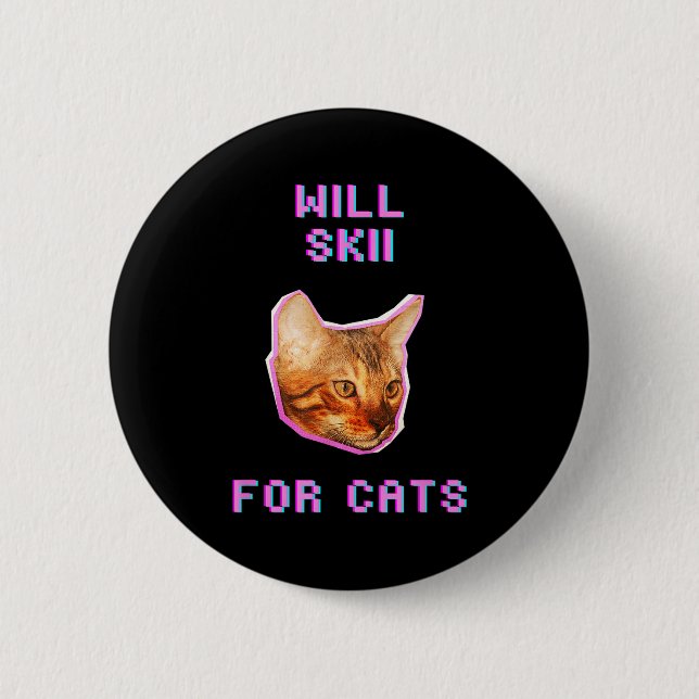 Will skiing for cats funny winter snow adventure  2 inch round button (Front)