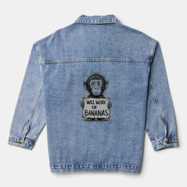 Will Work for Bananas - Humorous Monkey Sketch Denim Jacket (Back)