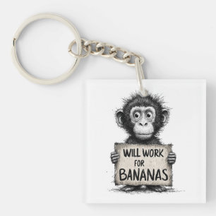Will Work for Bananas - Humorous Monkey Sketch Keychain