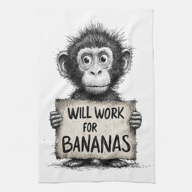 Will Work for Bananas - Humorous Monkey Sketch Kitchen Towel (Vertical)