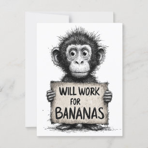Will Work for Bananas - Humorous Monkey Sketch Postcard