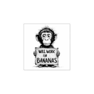 Will Work for Bananas - Humorous Monkey Sketch Rubber Stamp