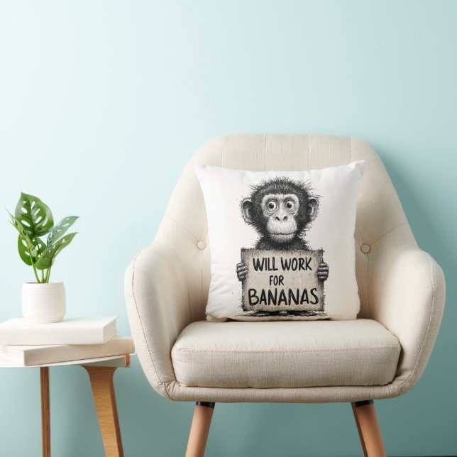 Will Work for Bananas - Humorous Monkey Sketch Throw Pillow (Chair)