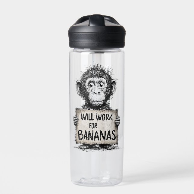 Will Work for Bananas - Humorous Monkey Sketch Water Bottle (Front)