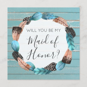 Will You Be Maid of Honour Rustic Boho Feathers Invitation