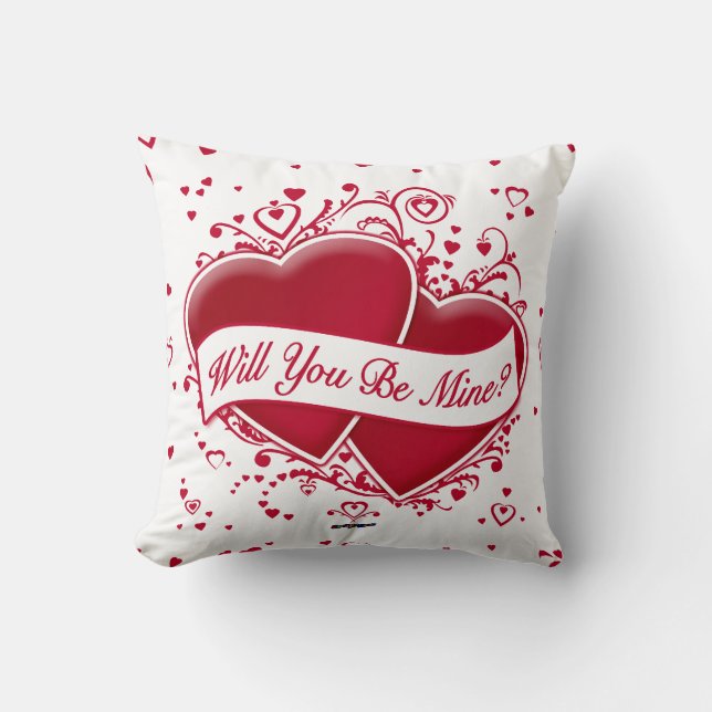 Will You Be Mine? Red Hearts Throw Pillow (Front)