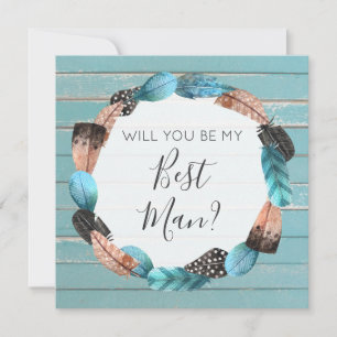 Will You Be My Best Man Rustic Boho Feathers Invitation