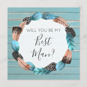 Will You Be My Best Man Rustic Boho Feathers Invitation