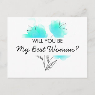 Will You be My Best Woman Blue Watercolor Invitation Postcard