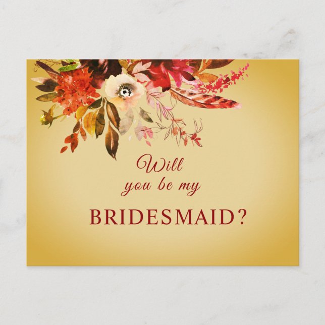 Will You Be My Bridesmaid Autumn Floral Aged Gold Postcard (Front)