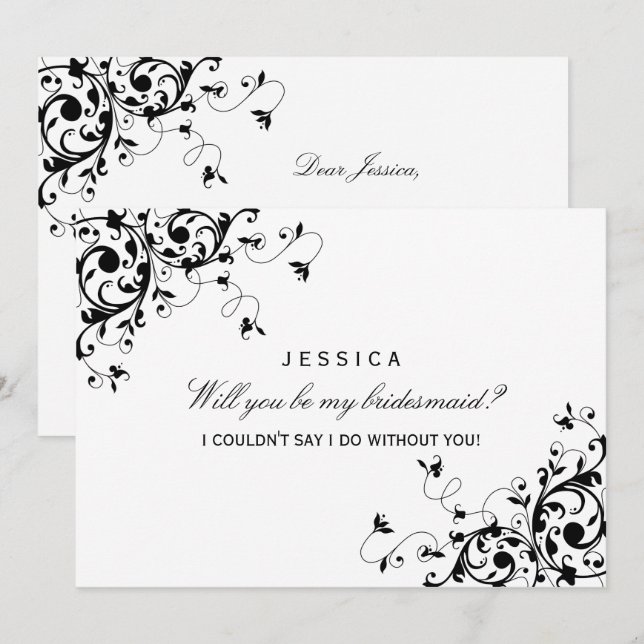 Will You Be My Bridesmaid? Black & White Swirl Invitation (Front/Back)