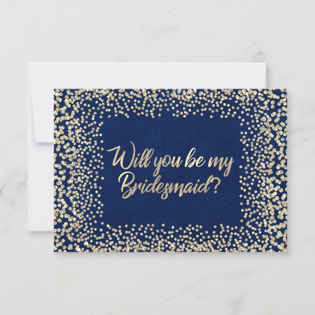 Will You Be My Bridesmaid Blue Navy Glitter Gold Invitation (Front)