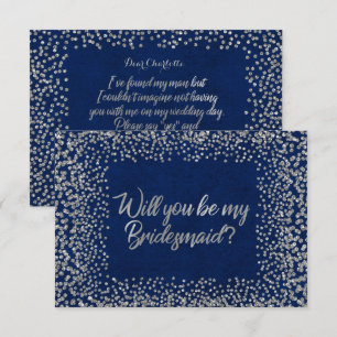 Will You Be My Bridesmaid Blue Navy Glitter Silver Invitation