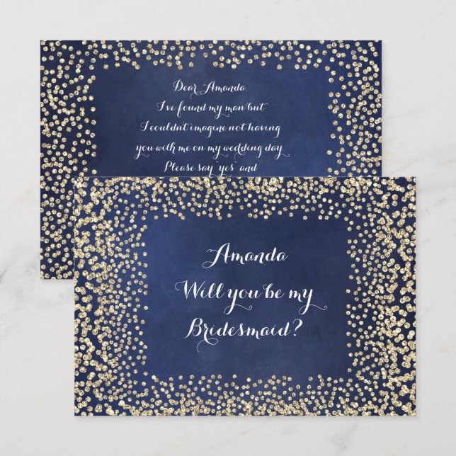 Will You Be My Bridesmaid Blue NavyGold Confetti Invitation (Front/Back)