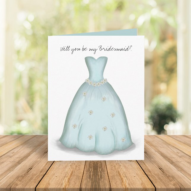 Will you be my Bridesmaid Blue Watercolor Card (Blue watercolor dress "will you be my bridesmaid" custom message proposal card.)