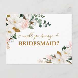 Will You Be My Bridesmaid Blush Pink Floral Gold Postcard