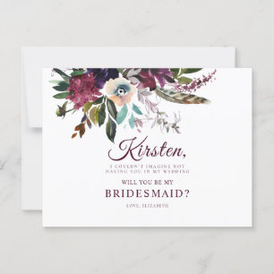 Will You Be My Bridesmaid Burgundy Floral Postcard