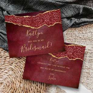 Will You Be My Bridesmaid Burgundy & Gold Agate Invitation Postcard
