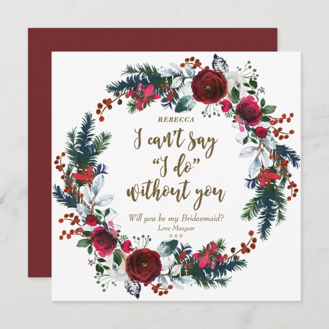 Will you be my bridesmaid card winter red floral (Front/Back)